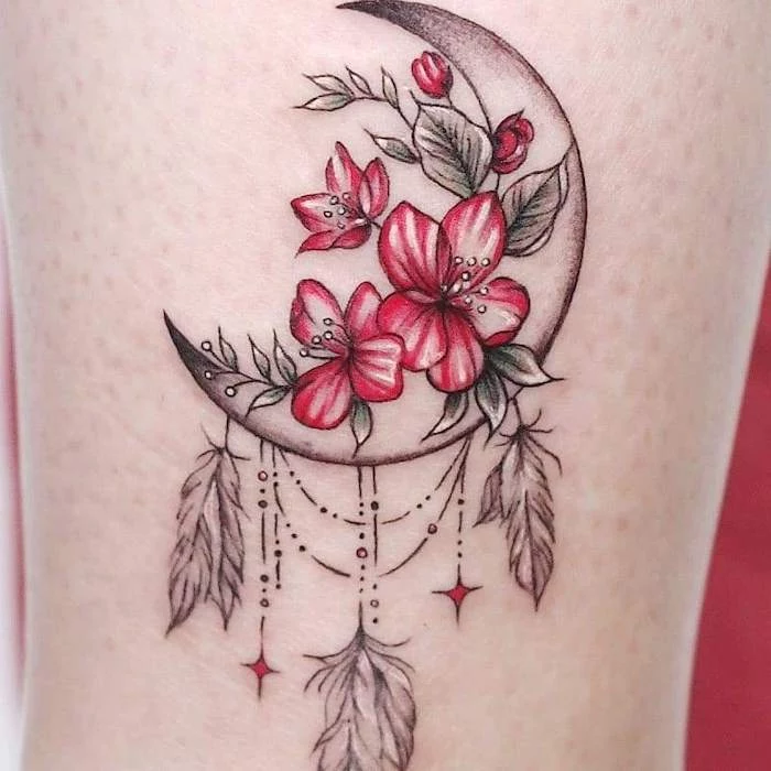 crescent moon, red flowers, leg tattoo, dream catcher tattoo for men