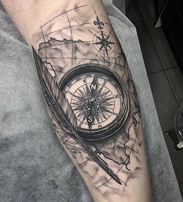 map of the world, compass tattoos for men, old feather, 3d tattoo, back of leg tattoo