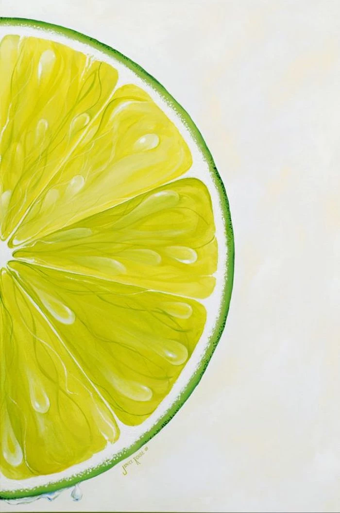 traceable pictures, slice of lemon, close up, green and yellow paint, white background
