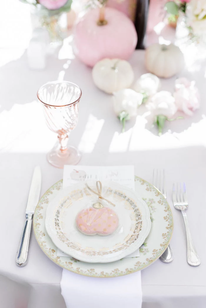 baby shower themes, plate setting, little pumpkin, white napkin, pink and white pumpkins