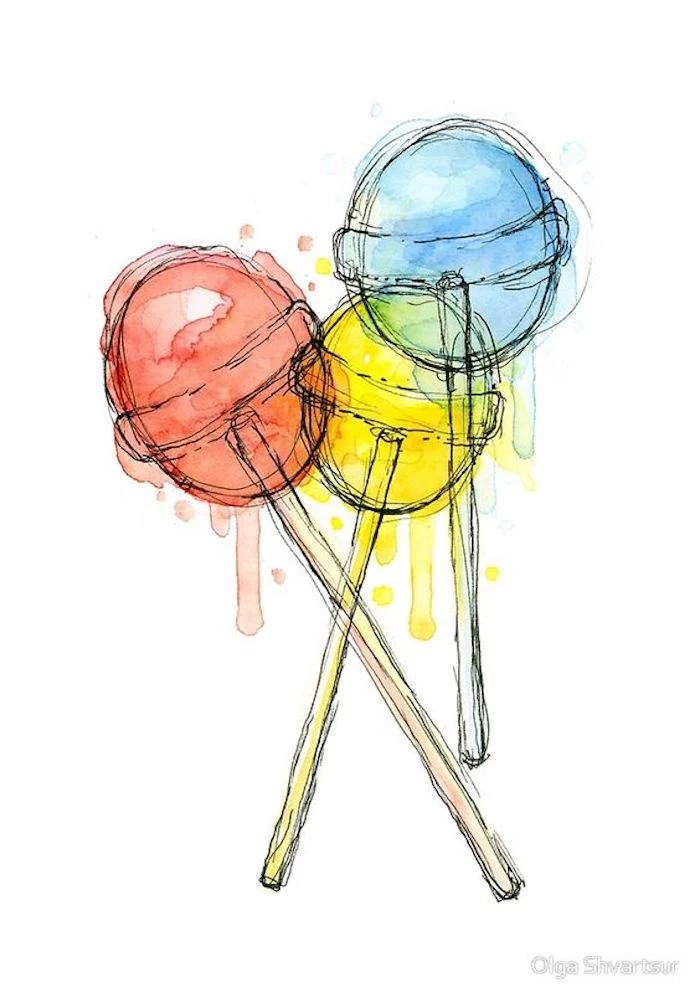 three lollipops, red yellow and blue, white background, tracer drawing