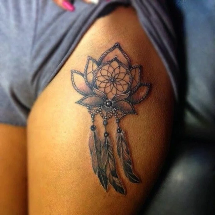 dream catcher tattoo design, thigh tattoo, mandala lotus flower, grey shorts
