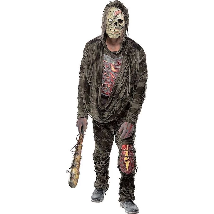 man dressed as zombie, what should i be for halloween, carrying a bat, white background
