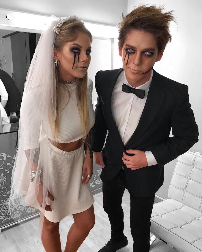man and woman, dressed in tuxedo, wedding veil, easy halloween costumes, wearing contact lenses, face make up