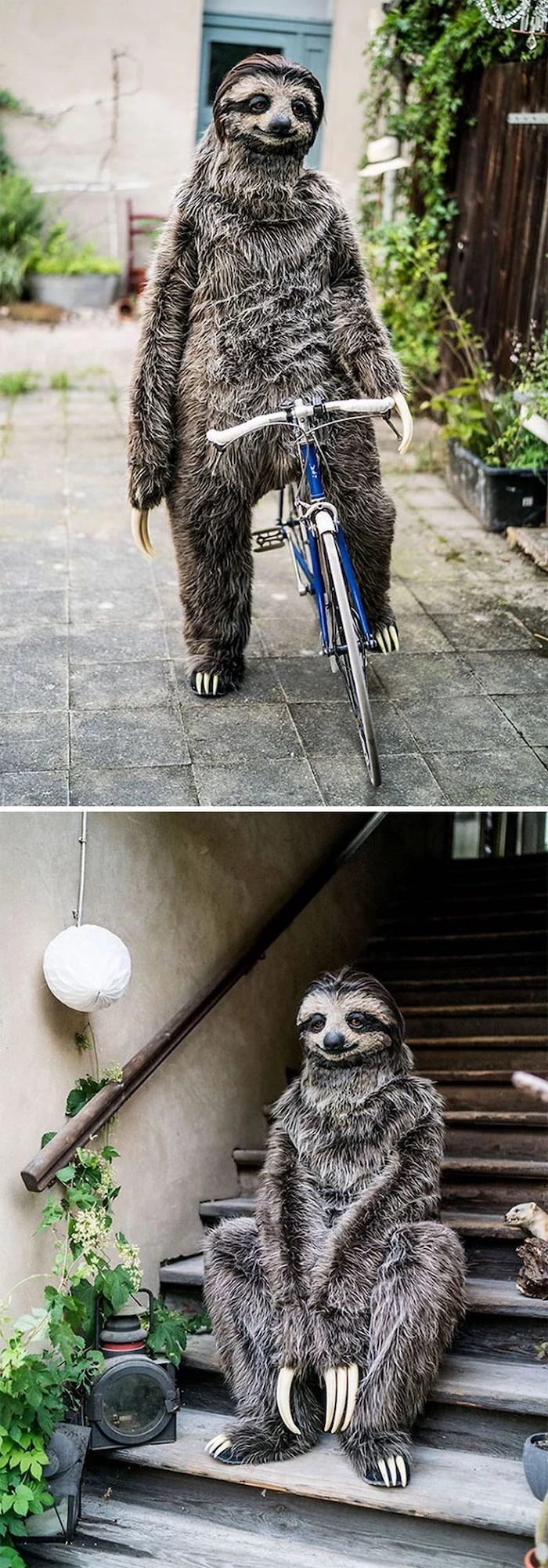 man in a sloth costume, riding a bike, sitting on stairs, what should i be for halloween, side by side photos