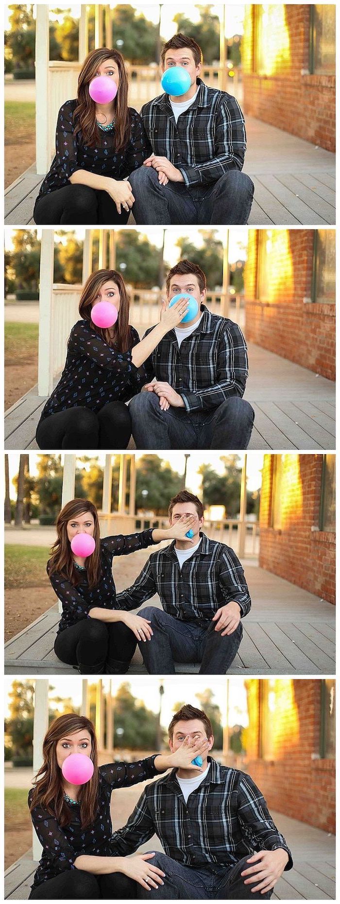 man and woman, sitting on stairs, blowing bubbles, pink and blue, gender reveal decorations