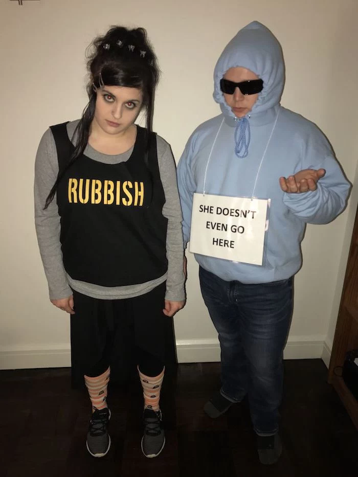 halloween costumes ideas for adults, mean girls characters, rubbish top, she doesn't even go here sign
