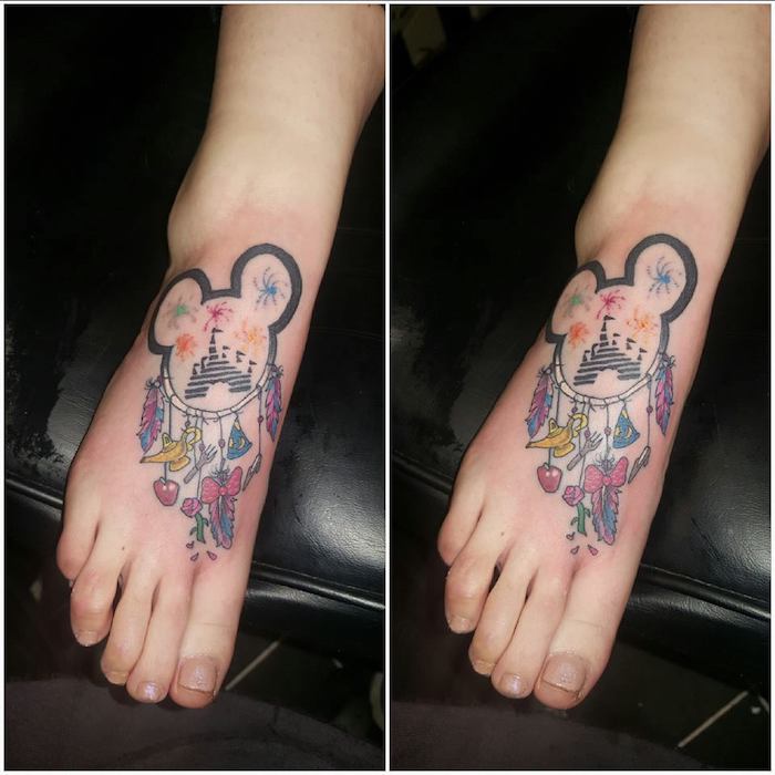 side by side photos, disney inspired, dream catcher tattoo design, mickey mouse, disney castle, foot tattoo