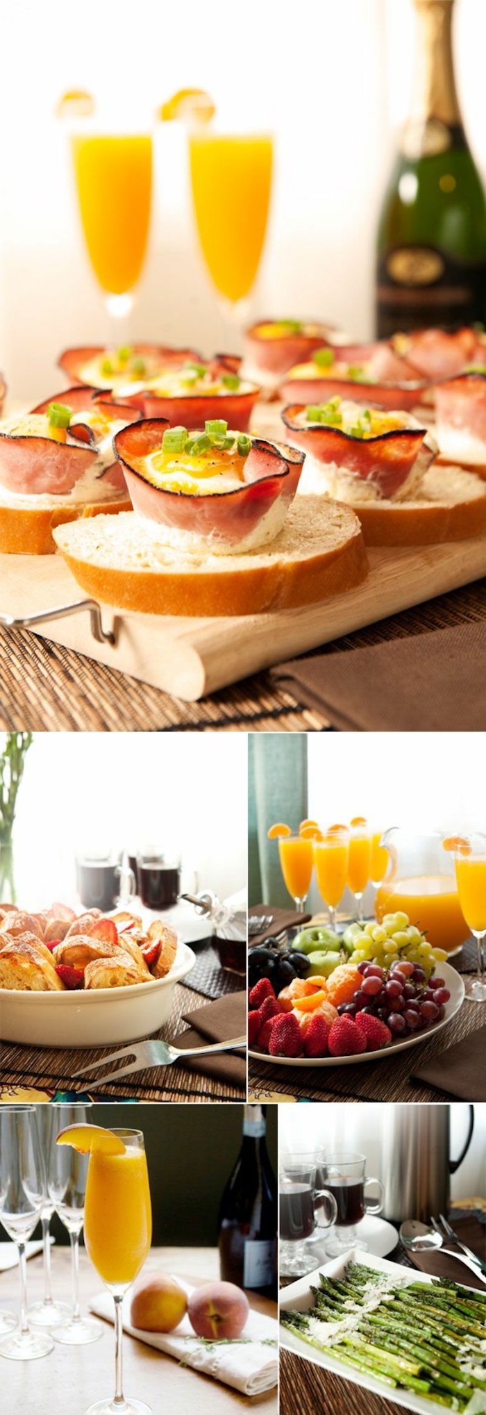 mimosas with orange slices, brunch table, brunch potluck ideas, bacon and eggs, fruit platter