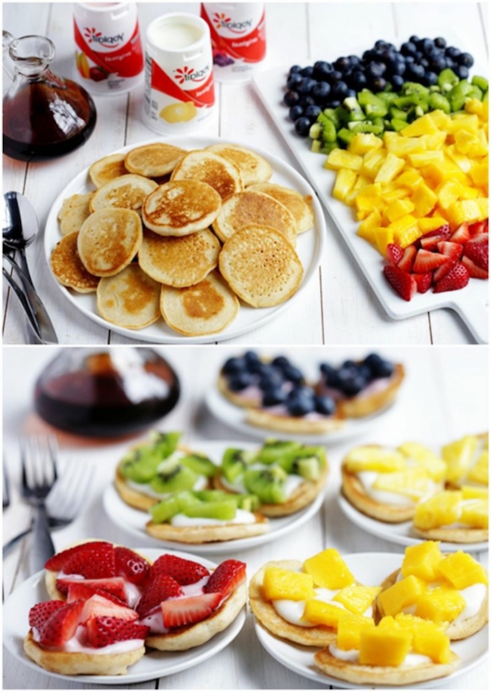 mini pancakes, easy brunch ideas, white cutting board, strawberries and pineapple, kiwi and blueberries