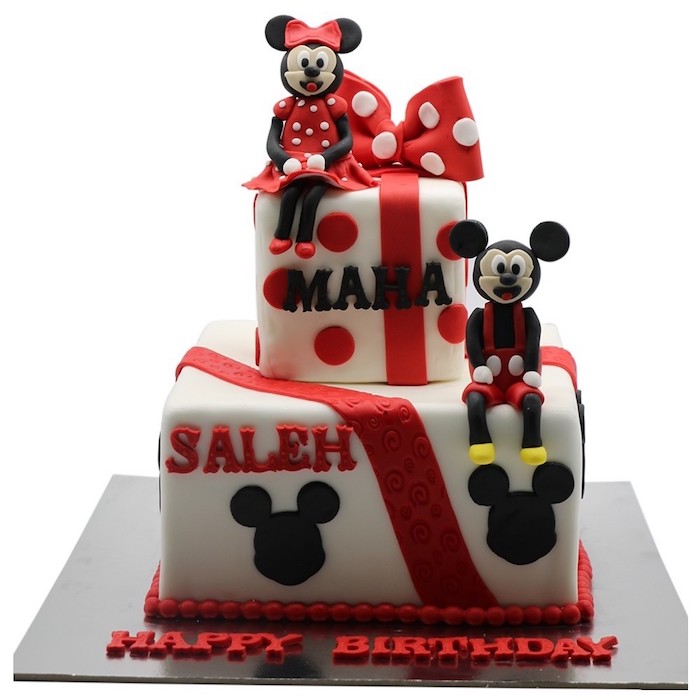 happy birthday, minnie mouse cake ideas, white and red fondant, mickey mouse, minnie mouse, minnie mouse cake decorations