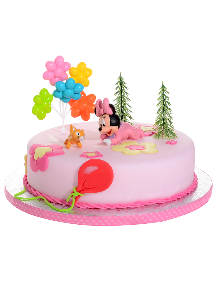 pink fondant, minnie with a cat, colorful balloons, two trees, minnie mouse cupcakes