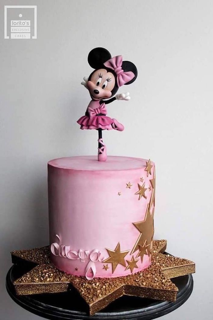 pink fondant, mickey mouse cake topper, minnie mouse cake ideas, gold stars