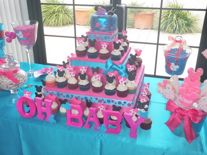 baby shower decoration ideas for girl, oh baby, minnie mouse theme, minnie cupcakes, blue and pink decor