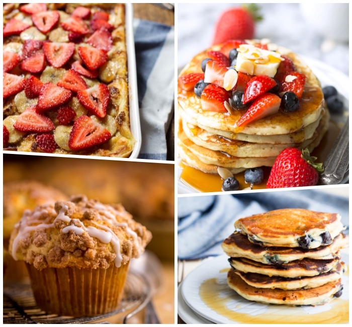 photo collage, pancakes with butter and honey, birthday breakfast ideas, strawberries and blueberries