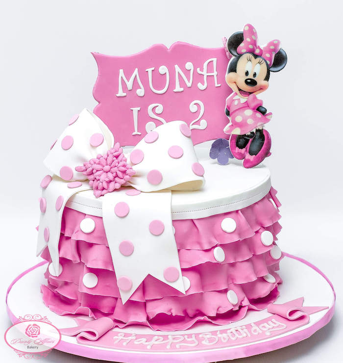 muna is 2, minnie mouse cupcake cake, pink and white fondant, white background