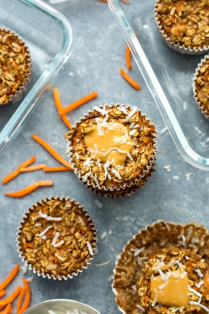 granola and carrots muffins, brunch ideas, glass trays, granite countertop