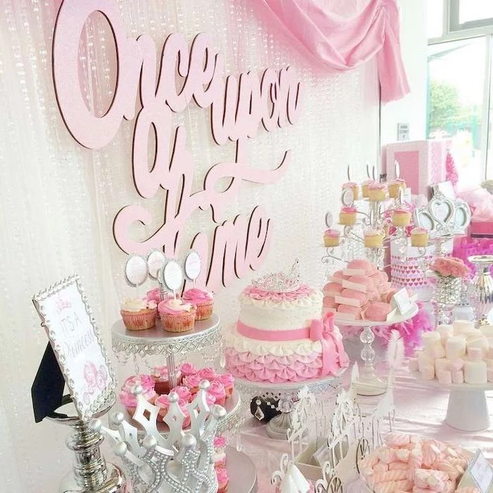 once upon a time, white and pink tulle, dessert table, twi tier cake, baby shower decoration ideas for girl