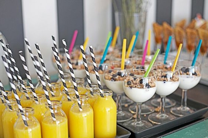 orange juice, yoghurt and granola, with blueberries, birthday breakfast ideas, silver trays