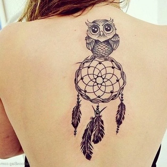 owl on top of dreamcatcher, back tattoo, white background, dream catcher tattoo design