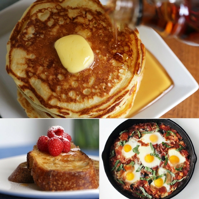 pancakes with butter and honey, breakfast and brunch, eggs with tomato sauce, photo collage