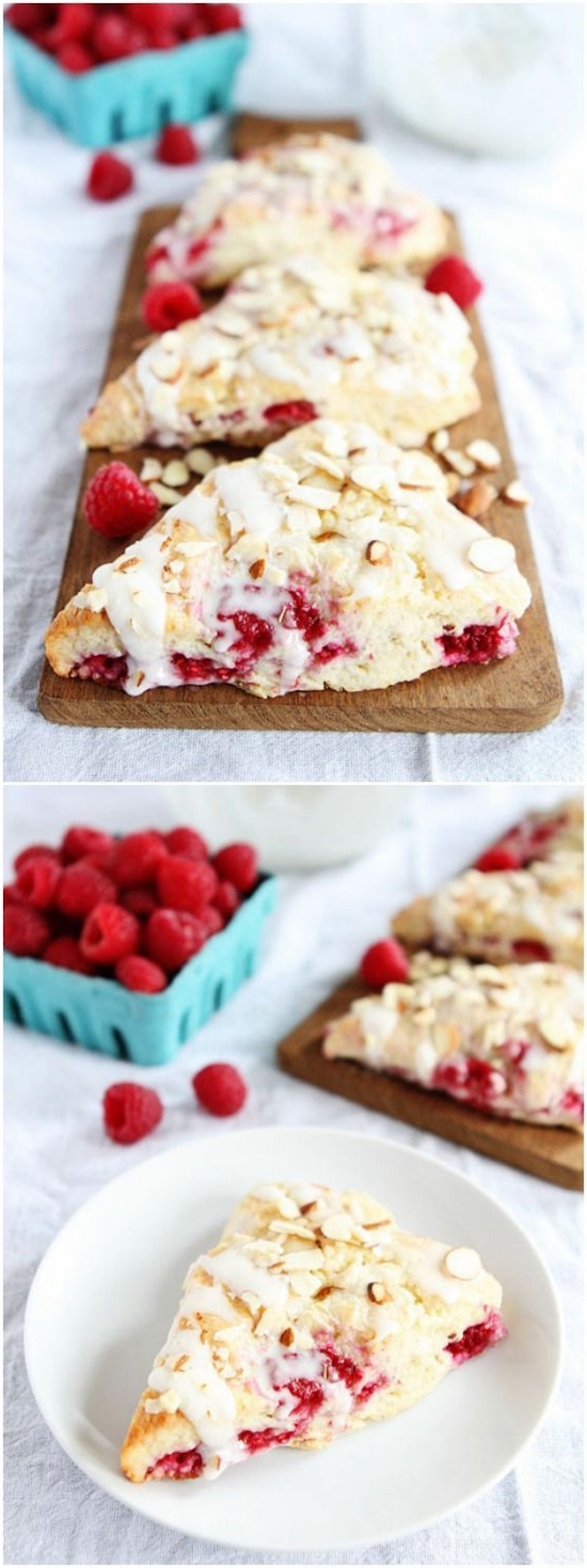 baked pastry, with raspberry jam, brunch appetizers, raspberries in a blue bowl, wooden board