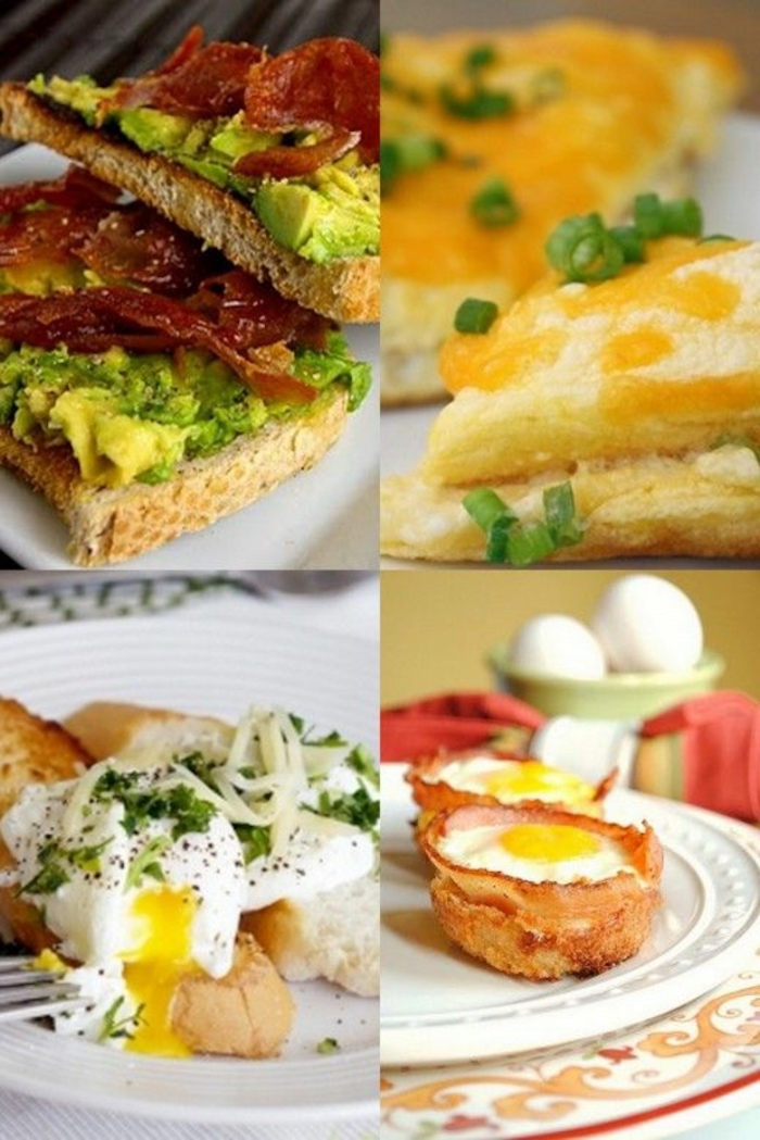 photo collage, avocado toast, poached eggs, egg and bacon, white plates, brunch appetizers