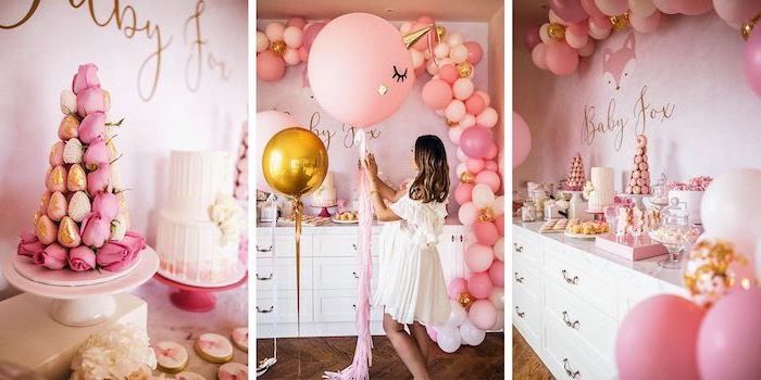 baby shower table decorations, gold and pink decor, baby fox theme, large balloon arch, side by side photos