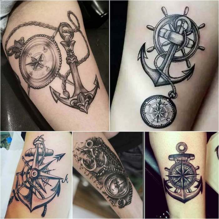 photo collage, simple compass tattoo, anchor and compass tattoos