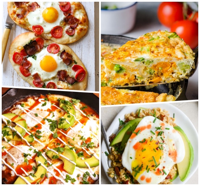 brunch appetizers, photo collage, baked pastries and casserole, dishes with eggs and avocados