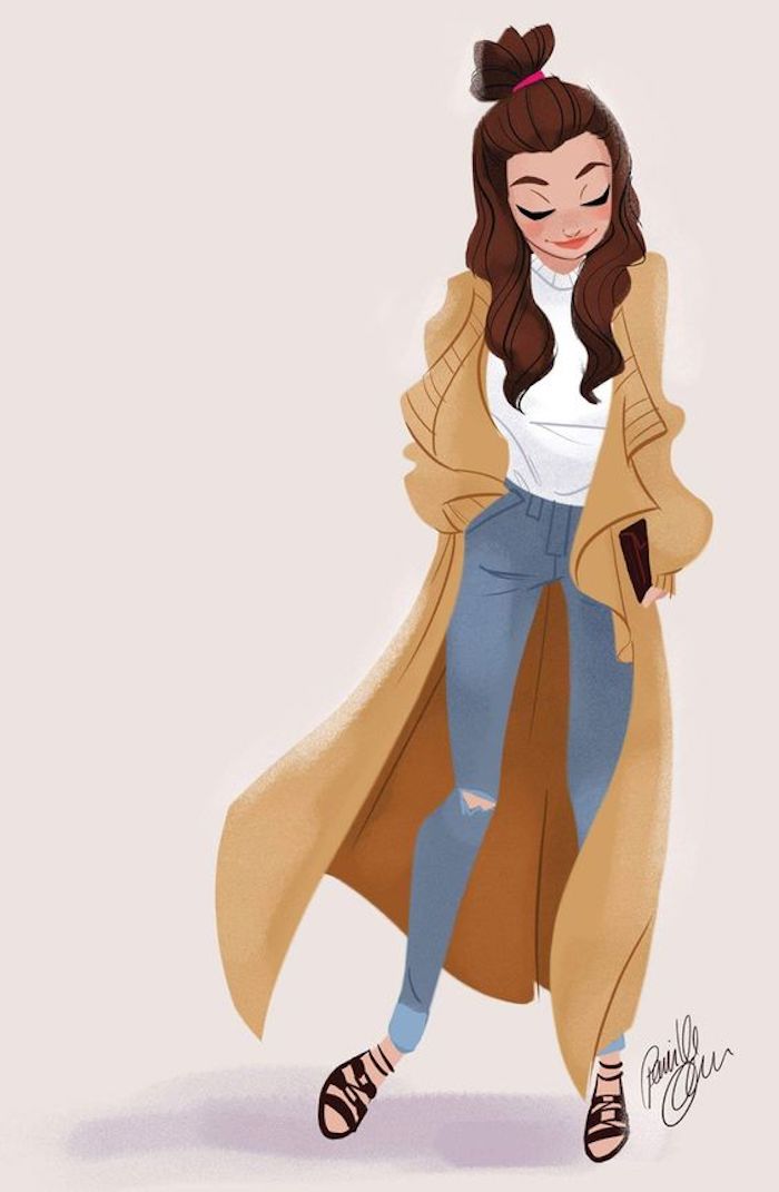 white background, pics to draw, girl wearing jeans, white blouse, long brown coat