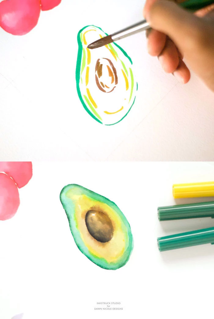 green and yellow markers, how to draw an avocado, images to draw, step by step, diy tutorial
