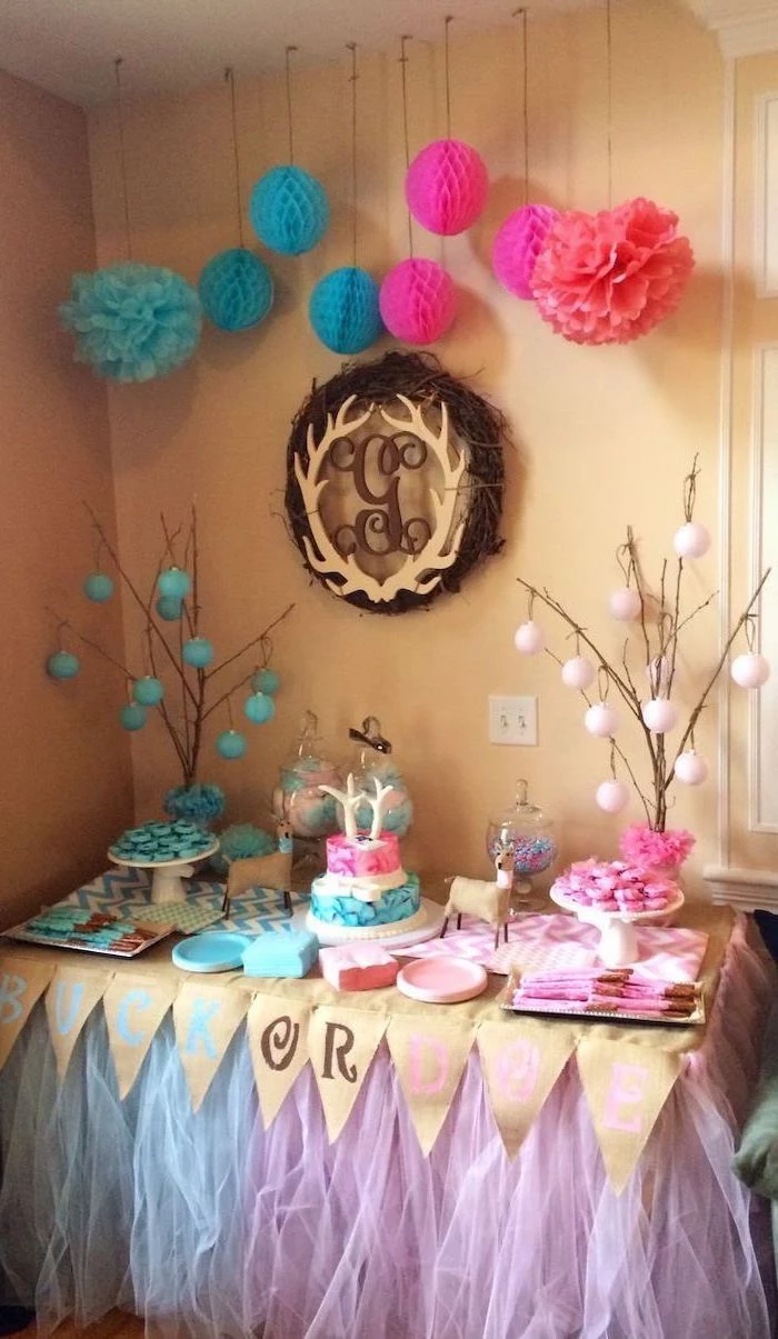 pink and white tulle, dessert table, gender reveal pinata, pink and white decorations