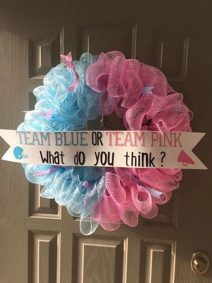 pink an blue, tulle wreath, team blue, team pink, unique gender reveal party ideas
