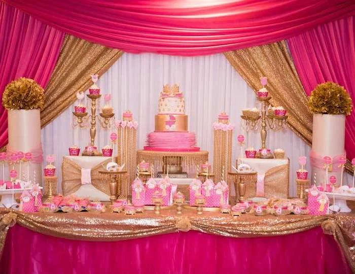 pink and white tulle, gold sequins, gold and pink theme, baby shower table decorations, three tier cake