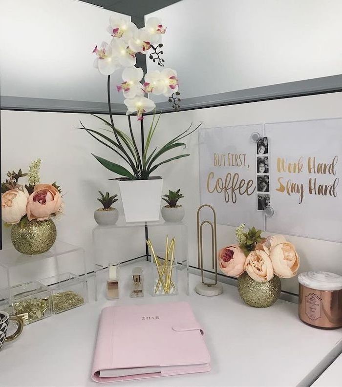 but first coffee, work hard, slay hard, inspirational posters, work office decor, pink journal, gold desk accessories