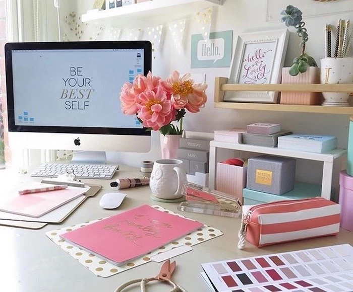 lots of notebooks, on a white desk, wooden desk organiser, cool office decor, desktop computer