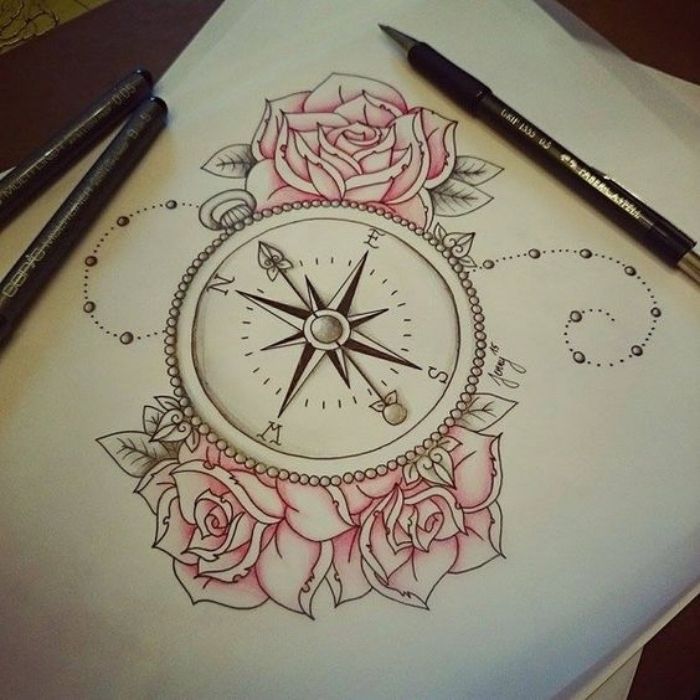 pink roses, drawing on white paper, compass meaning, black pencil, north and south, east and west