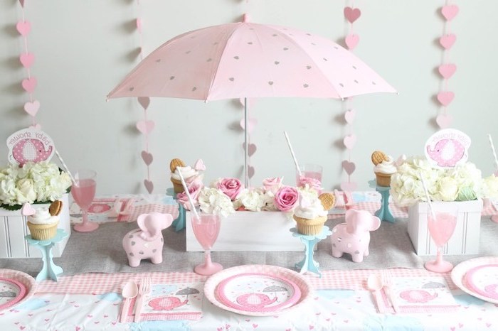 1001 Cool And Fun Baby Shower Ideas For Girls   Pink Umbrella Green Blue Pastel Colors Baby Girl Baby Shower Themes Flower Bouquets Cupcakes Table Setting 