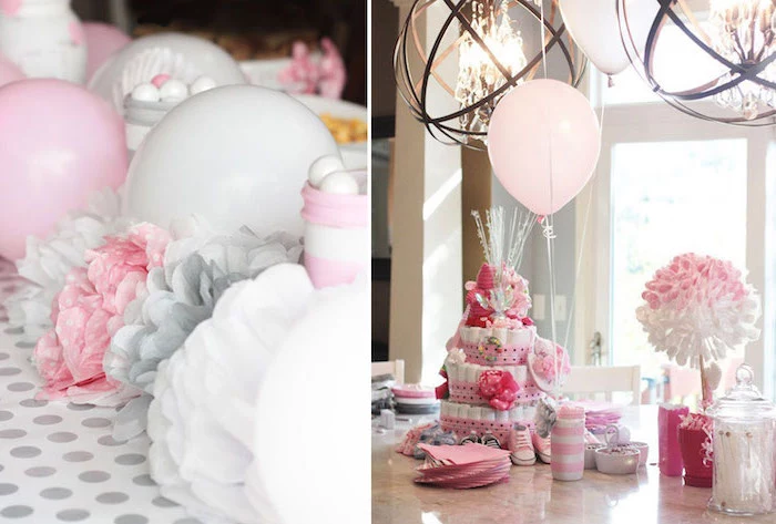 side by side photos, pink and white balloons, pink and gold baby shower, diaper cake, paper flowers
