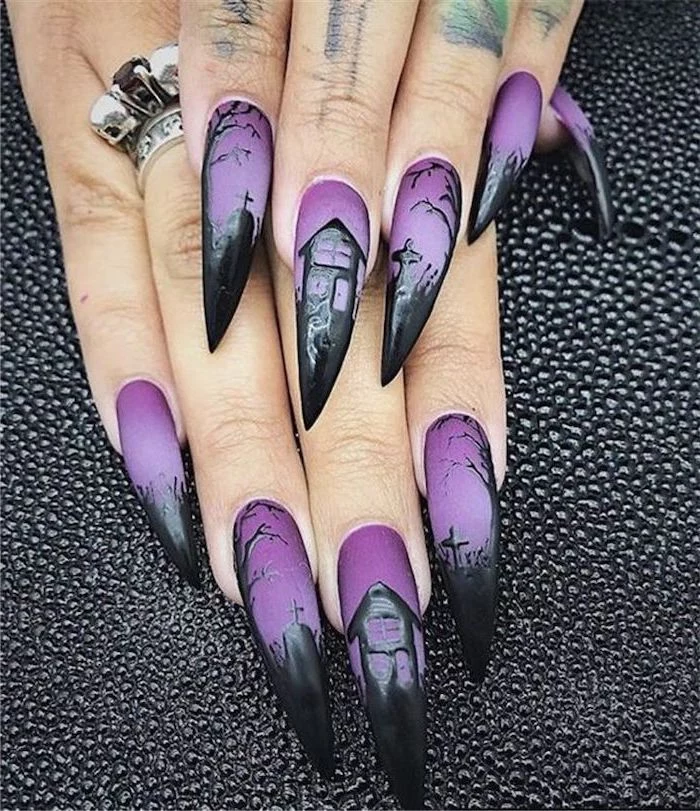 october nails, purple nail polish, black cemetery decorations, haunted house, long stiletto nails, black leather table