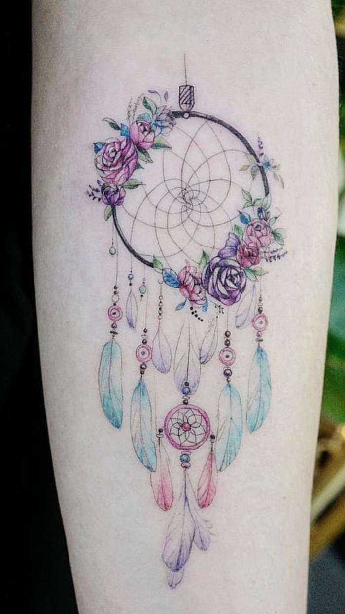 forearm tattoo, colored tattoo, dream catcher tattoo on arm, floral dreamcatcher