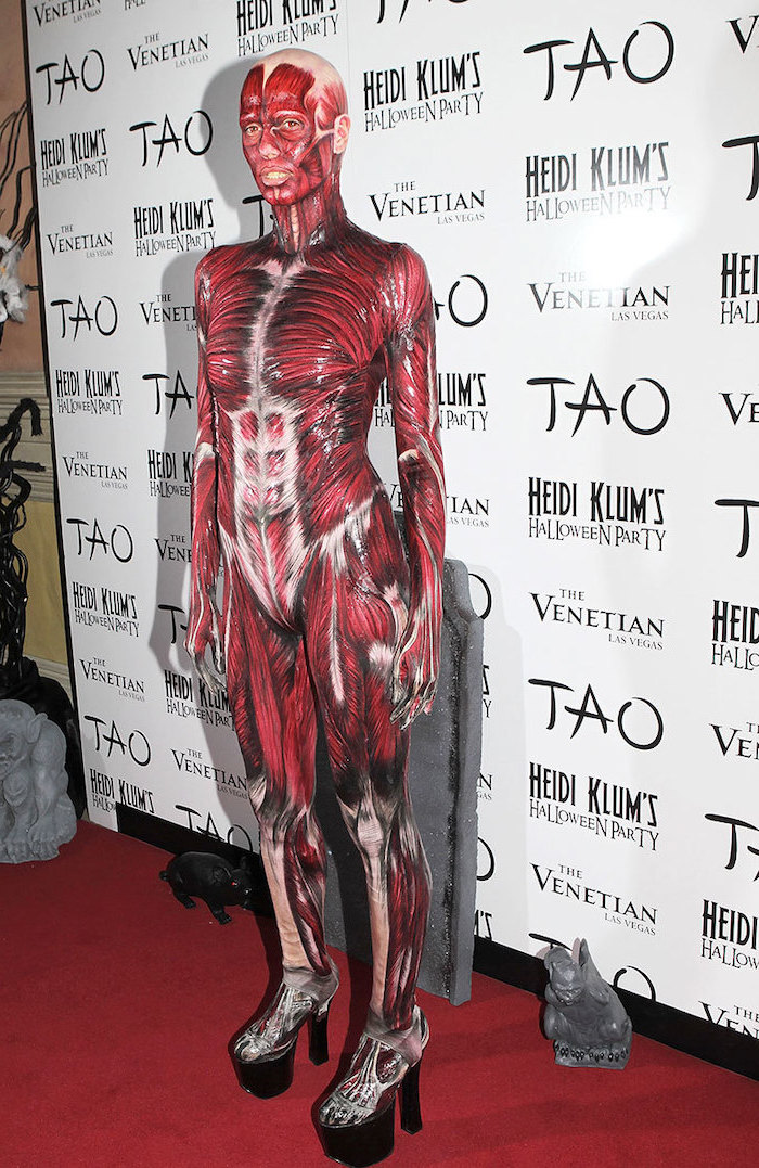 funny halloween costumes, heidi klum, dresses as a skinless body, wearing heels, body paint