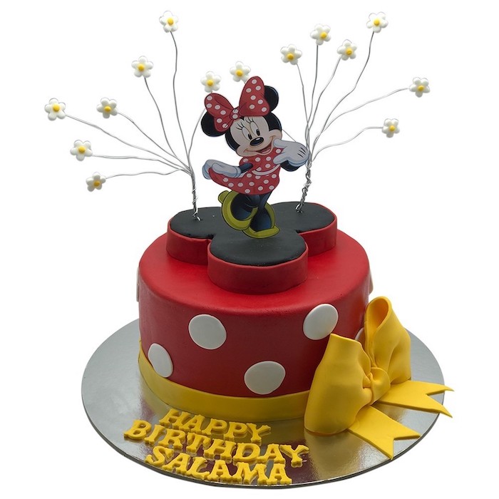 happy birthday salama, yellow bow, minnie mouse cake topper, black and red fondant, red and black minnie mouse cake