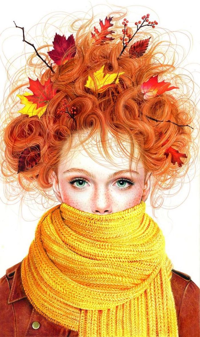 girl with green eyes, red hair, yellow scarf, pics to draw, fall leaves
