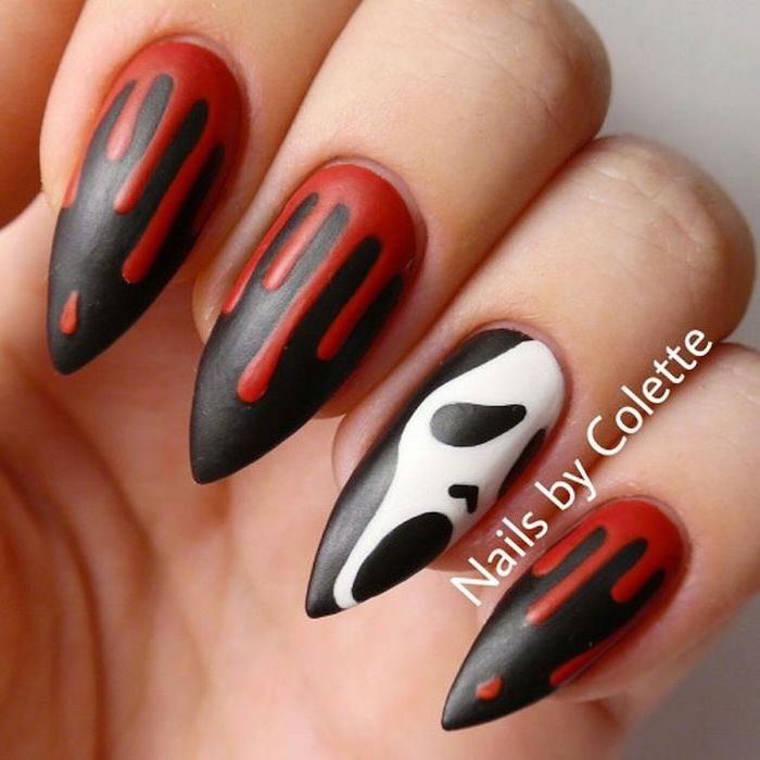 black matte nail polish, red matte nail polish, dripping down, october nails, stiletto nails, scream mask decoration