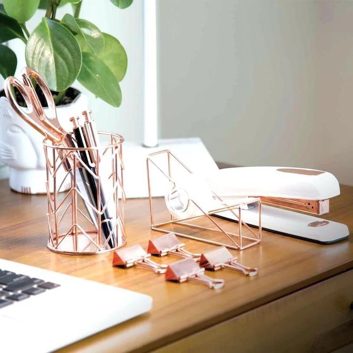 rose gold, desk accessories, cool office decor, wooden desk, potted plant