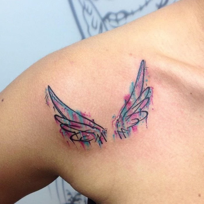 shoulder tattoo, wings chest tattoo, watercolor tattoo, blue and pink colors, white background