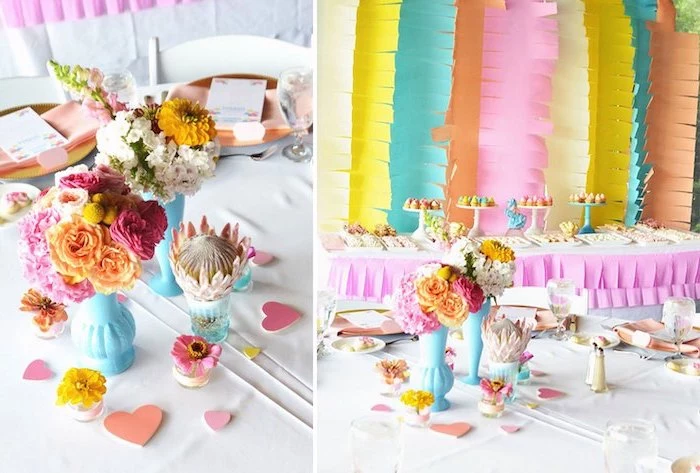 colorful decor, paper garlands, flower bouquets, places to have a baby shower, table setting, dessert table