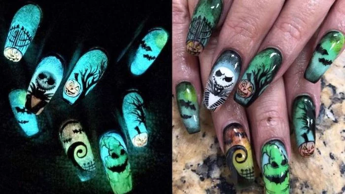 glow in the dark, nightmare before christmas, nail design, october nails, long squoval nails
